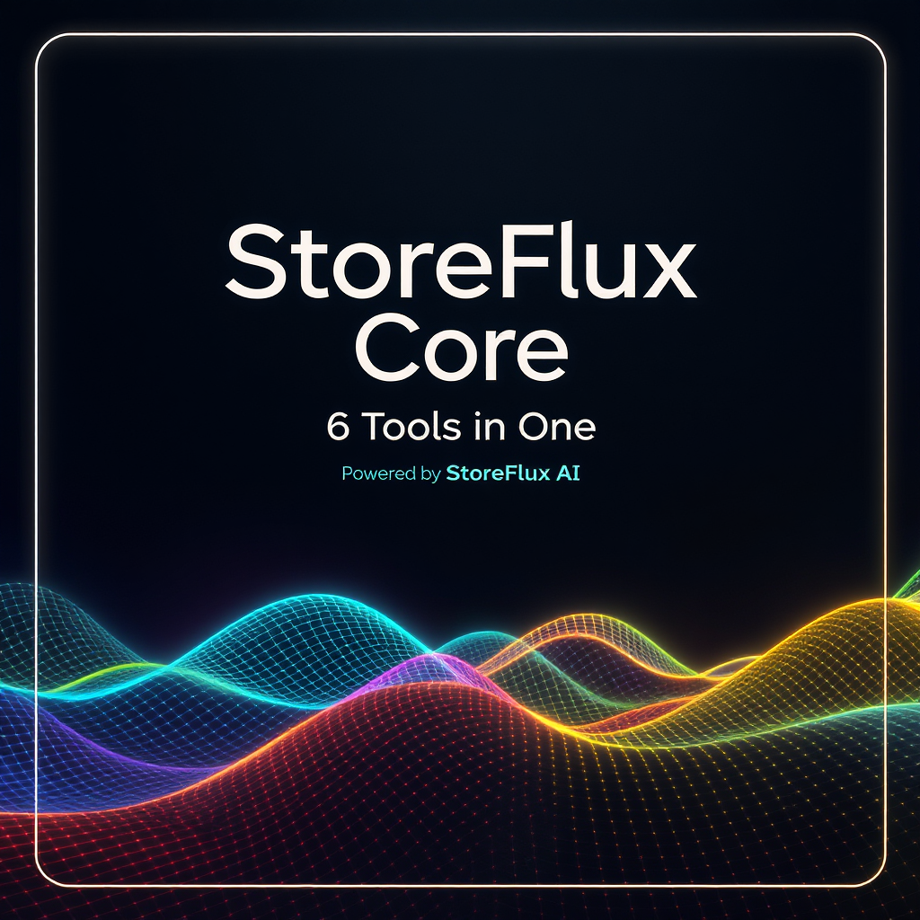 StoreFlux Core digital download cover β 6 AI tools in one e-commerce package for copywriting, ads, SEO, support, reviews, and cart recovery.